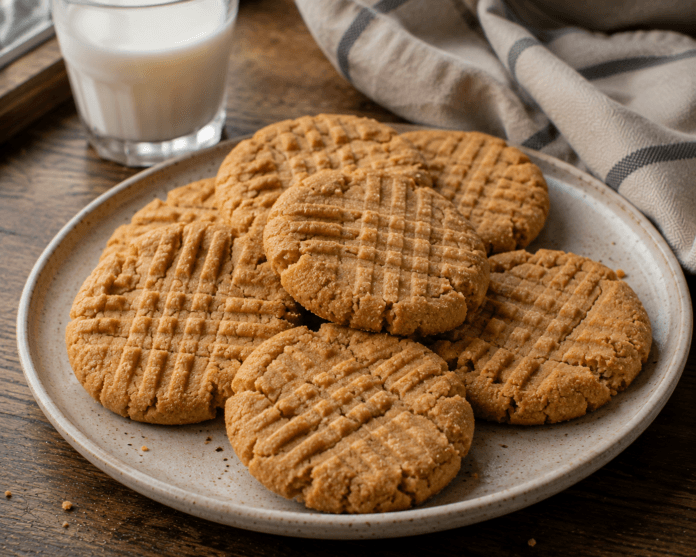 Soft homemade 3-ingredient peanut butter cookies with fork marks