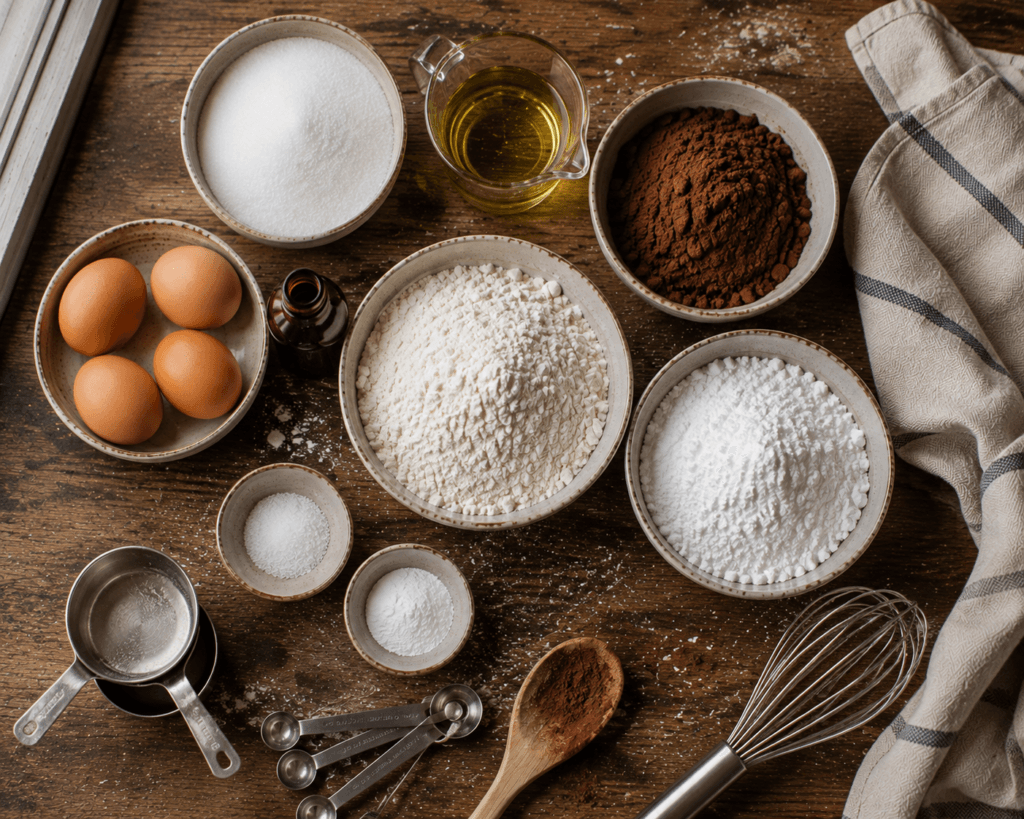 Ingredients for homemade chocolate crinkle cookies