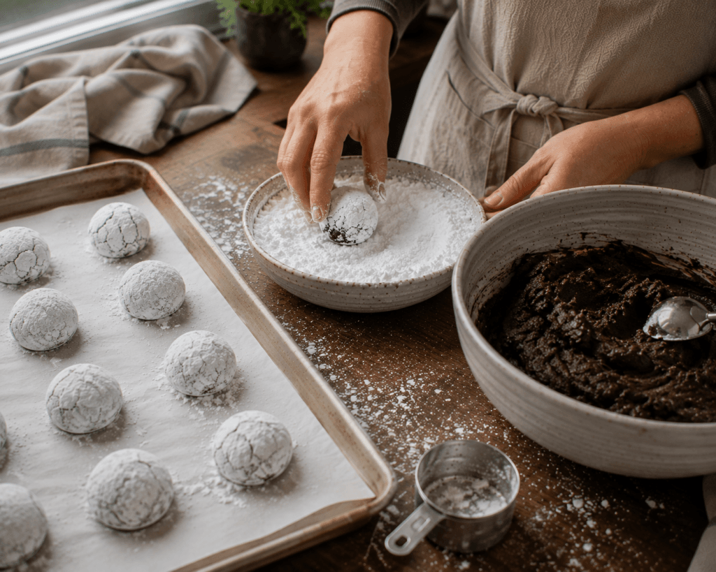 Chocolate crinkle cookie dough balls coated generously in powdered sugar