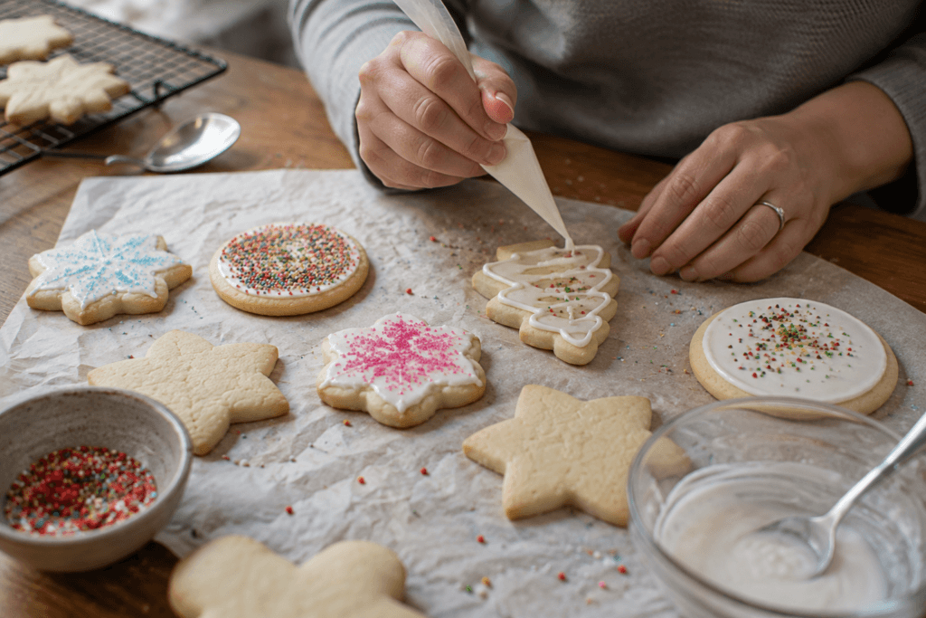 Homemade sugar cookies decorated with icing and sprinkles