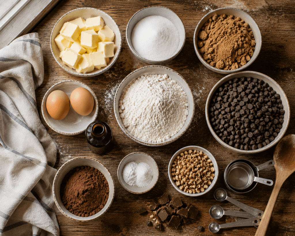 Ingredients for rich and chewy double chocolate chip cookies