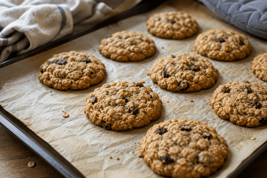 Freshly baked soft and chewy oatmeal cookies on a baking sheet