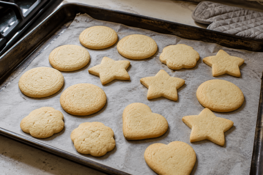 Freshly baked sugar cookies with lightly golden edges