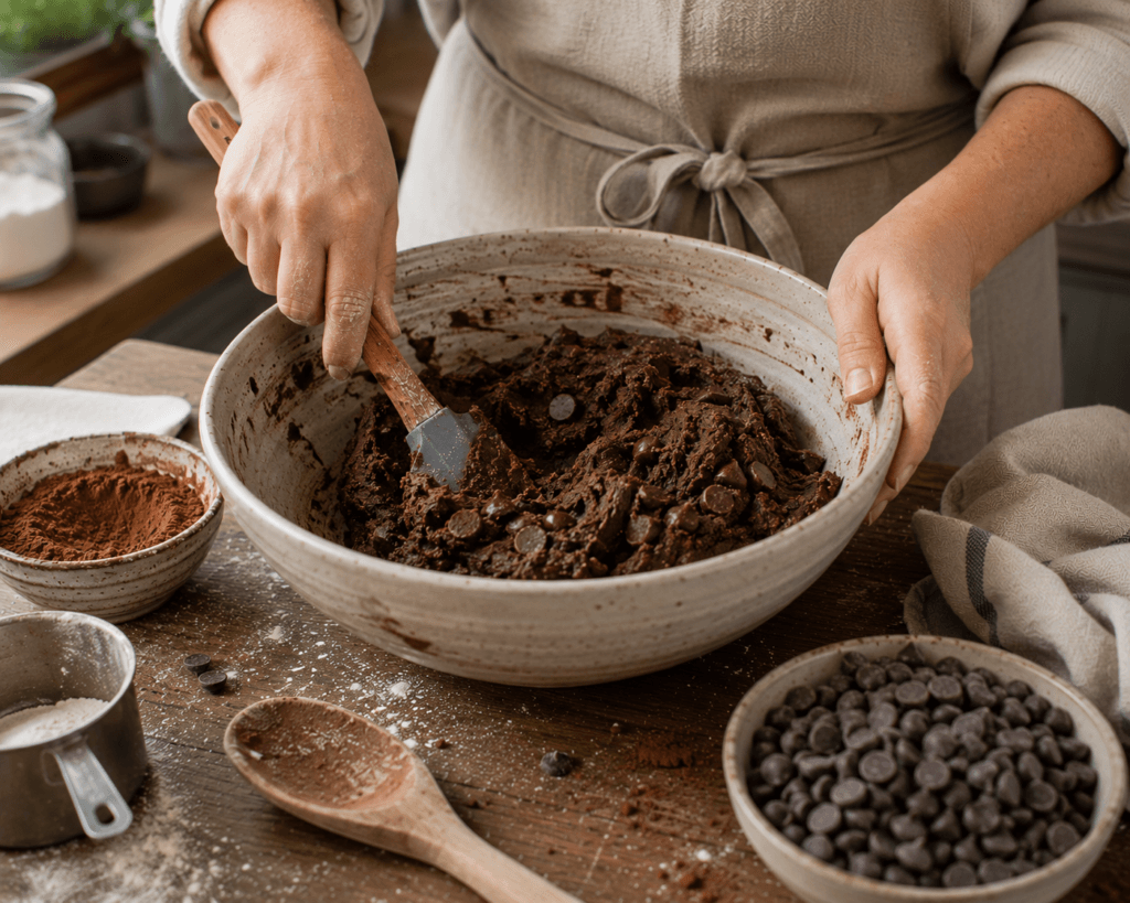 Thick dark chocolate cookie dough with semisweet chocolate chips
