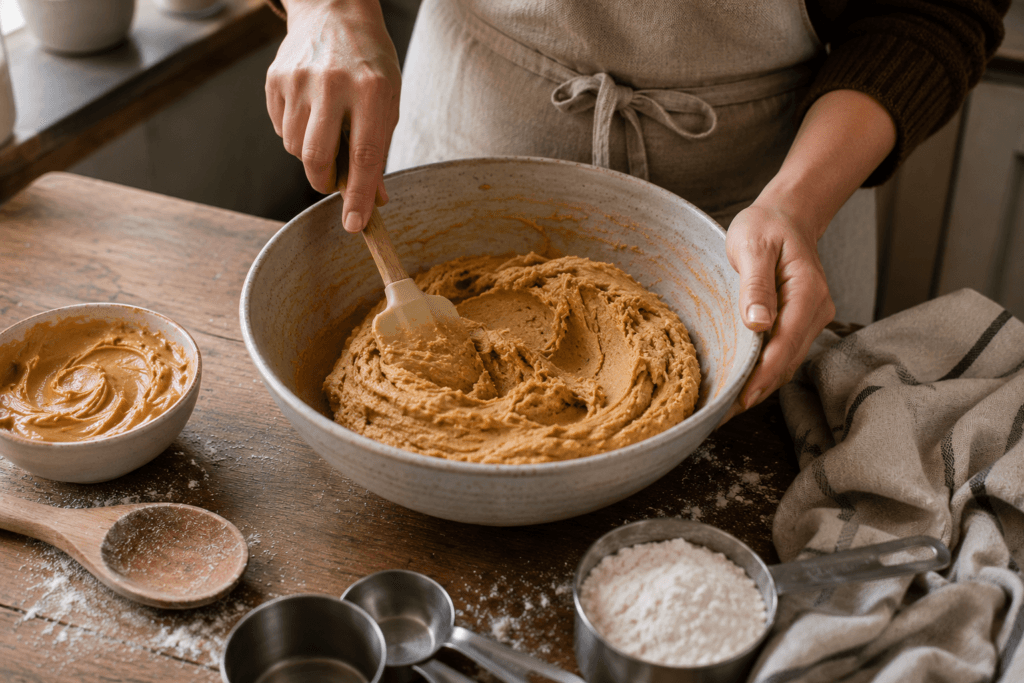 Homemade peanut butter cookie dough being mixed in a bowl