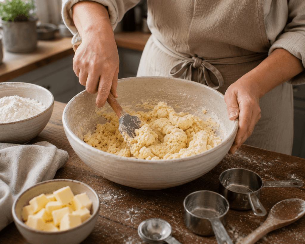 Shortbread cookie dough being gently mixed until it comes together