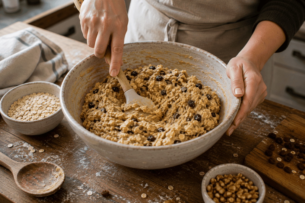 Oatmeal cookie dough being mixed with rolled oats and raisins