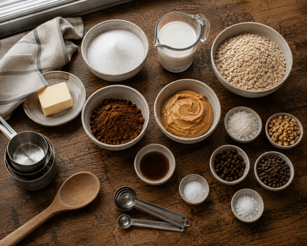 Ingredients for chocolate oatmeal peanut butter no-bake cookies