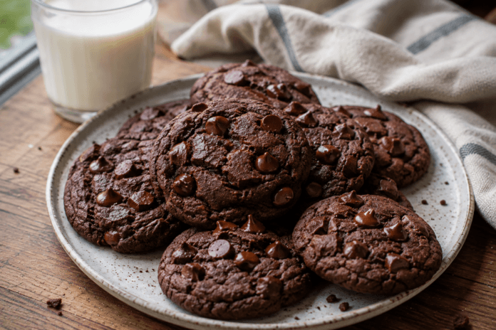 Homemade double chocolate chip cookies with melted chocolate chips