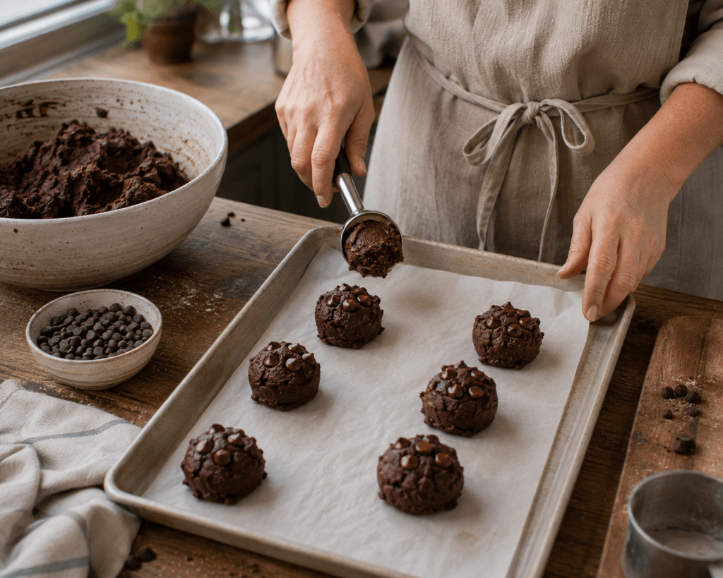 Dark chocolate cookie dough balls spaced on a parchment-lined baking sheet