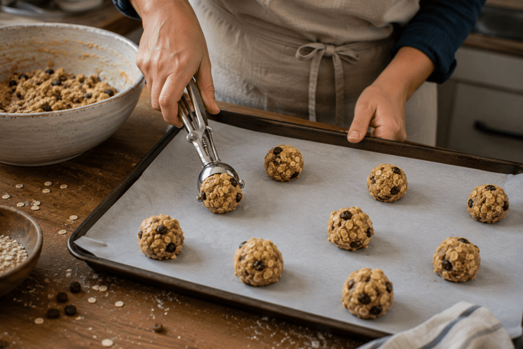 Rounded oatmeal cookie dough portions spaced on a baking sheet
