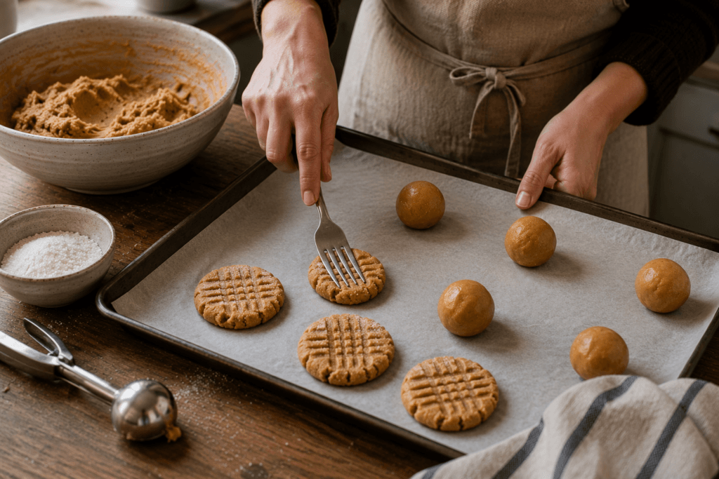 Peanut butter cookie dough being pressed with a fork into a crisscross pattern
