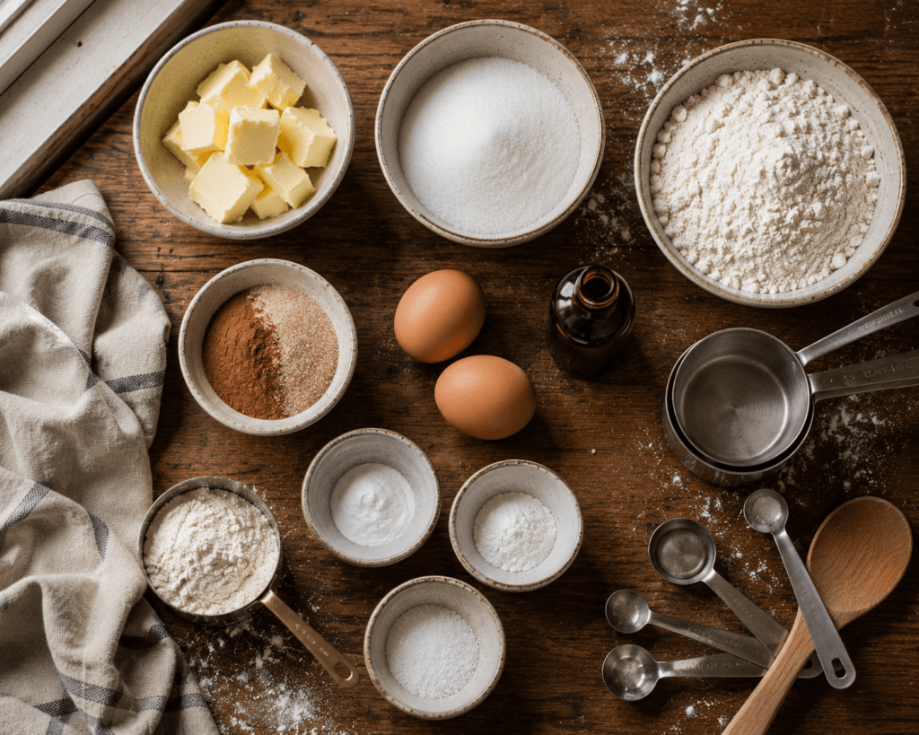 Ingredients for homemade soft and chewy snickerdoodle cookies
