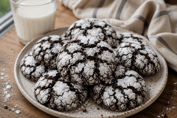 Soft chocolate crinkle cookies covered in powdered sugar