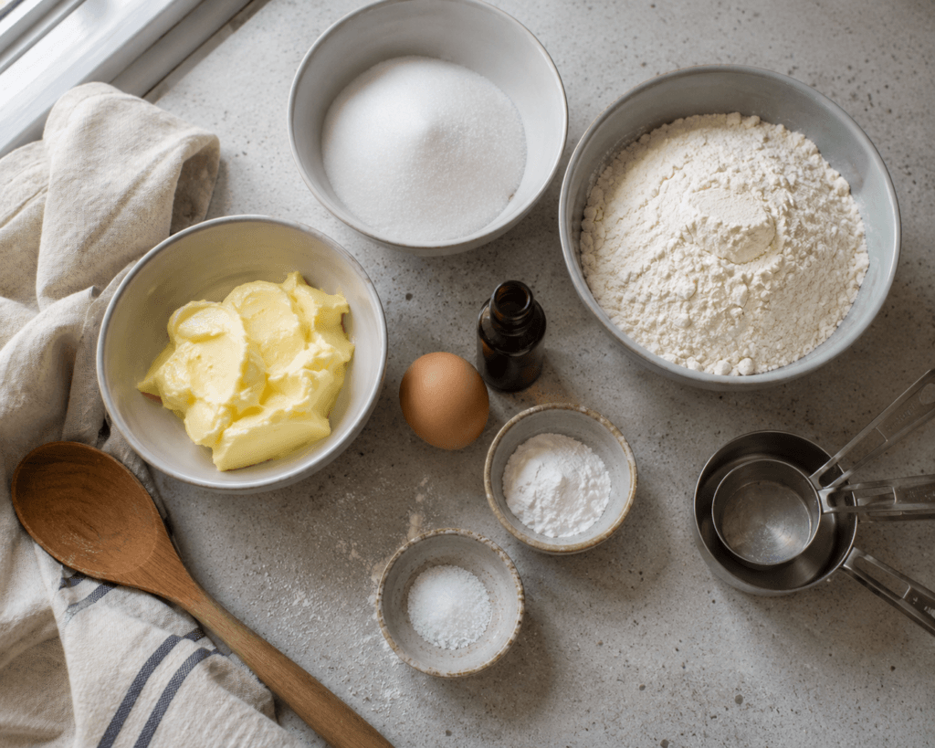 Ingredients for homemade sugar cookies arranged on a kitchen counter