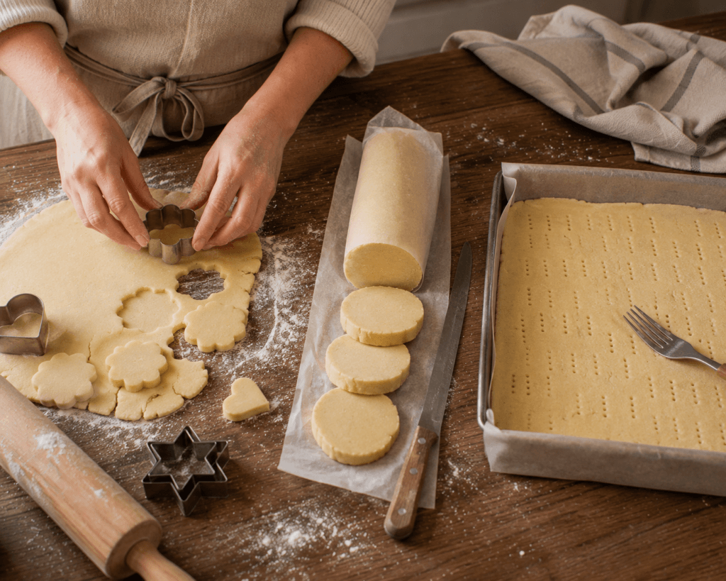 Three ways to shape shortbread dough: cut-outs, slice-and-bake, and pressed bars