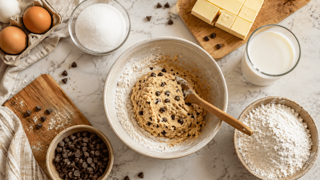 Cookie dough ingredients including milk butter eggs and flour