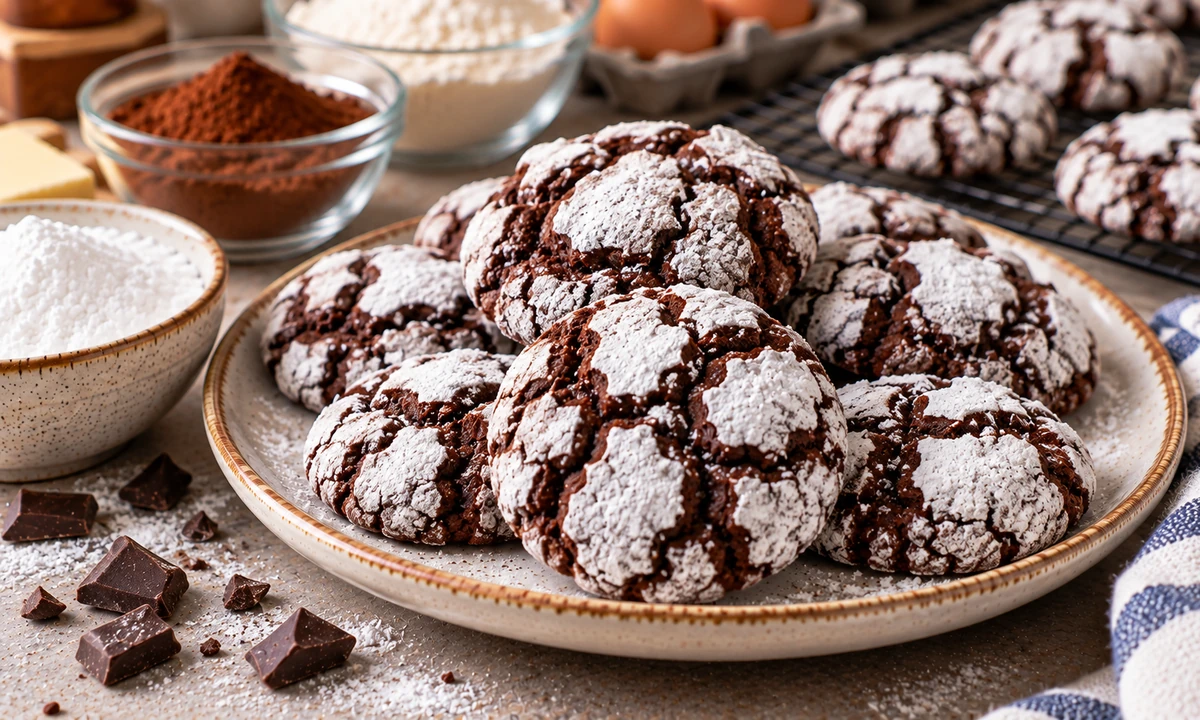 Chocolate crinkle cookies with powdered sugar and fudgy centers