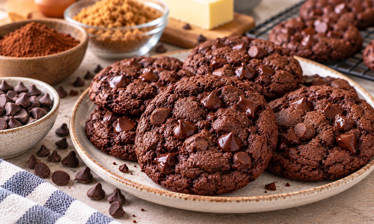 Double chocolate chip cookies with rich cocoa and melted chocolate chips