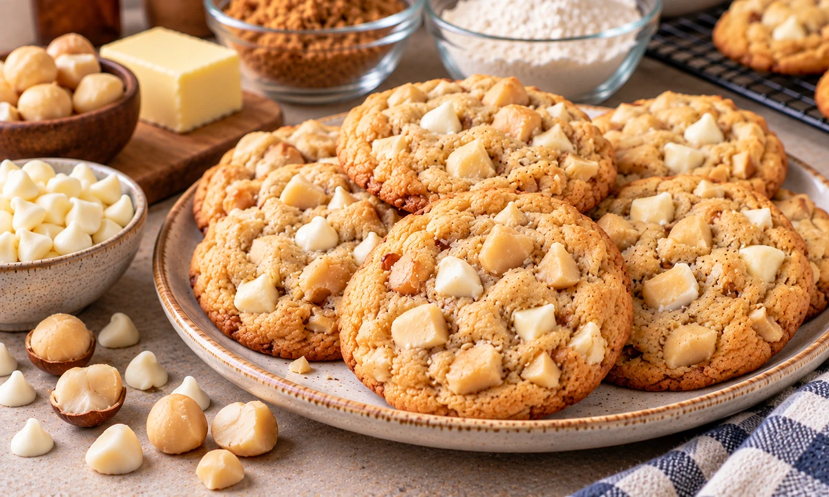 White chocolate macadamia nut cookies with creamy chocolate and crunchy nuts