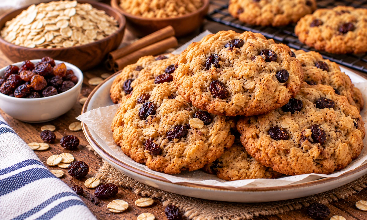 Soft and chewy oatmeal raisin cookies with rolled oats and raisins
