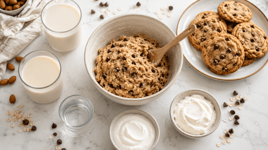 Milk substitutes for cookie dough including plant milk water and yogurt