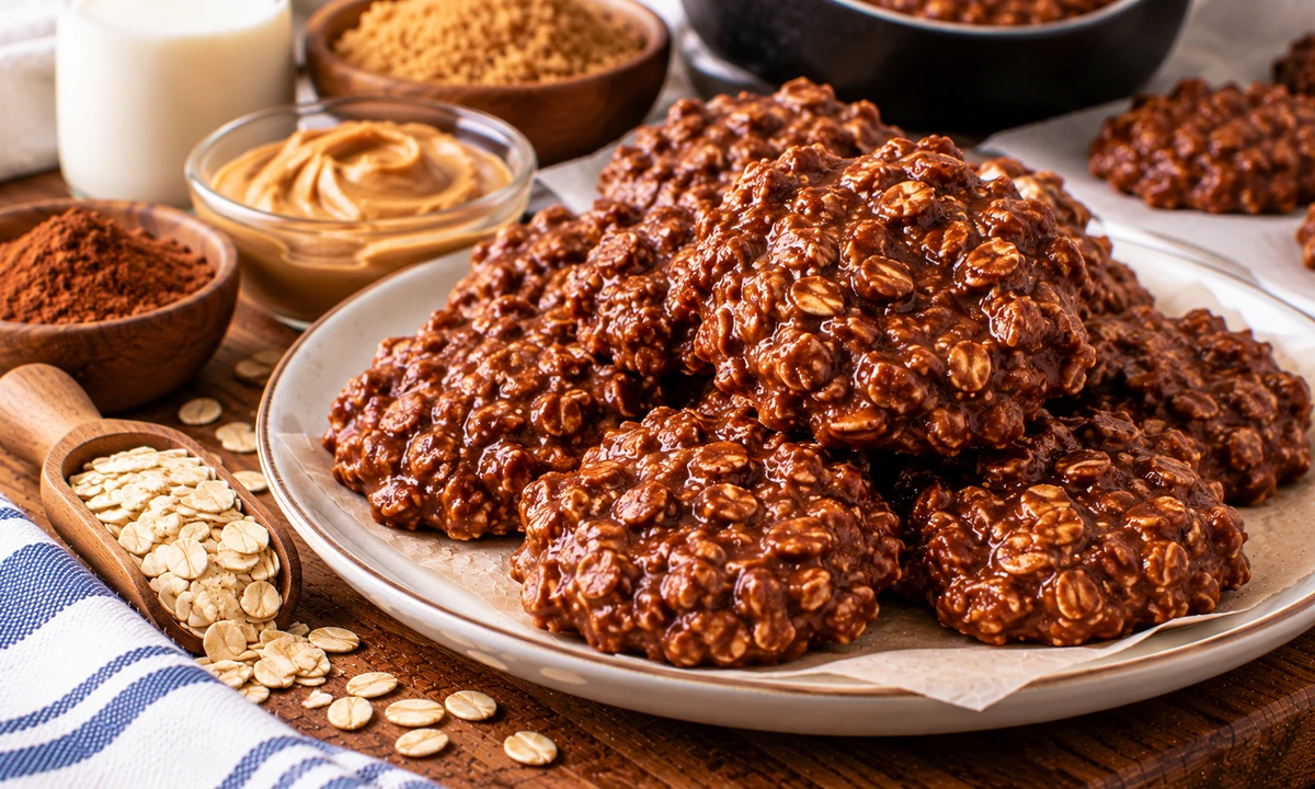 Soft chewy no-bake chocolate oatmeal peanut butter cookies