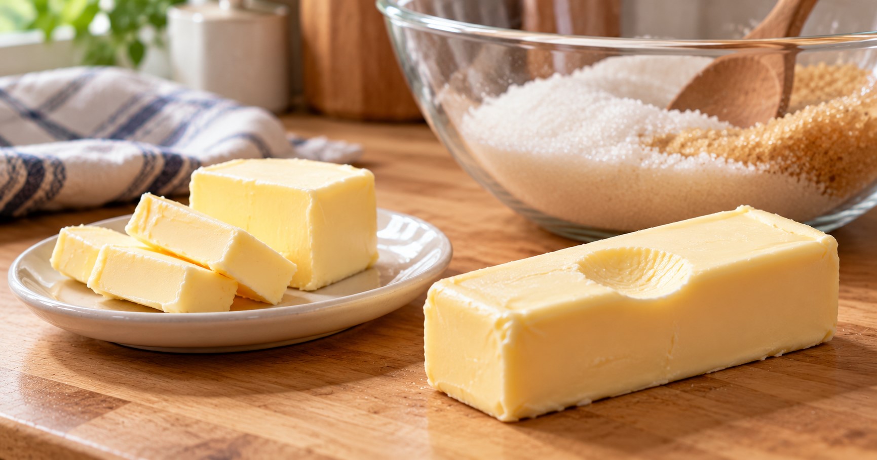 Sliced softened butter on a plate next to a butter stick with a finger dent