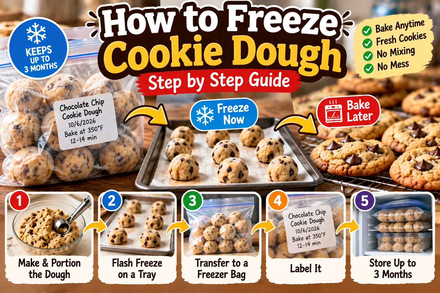 Illustration of frozen cookie dough balls on a baking tray