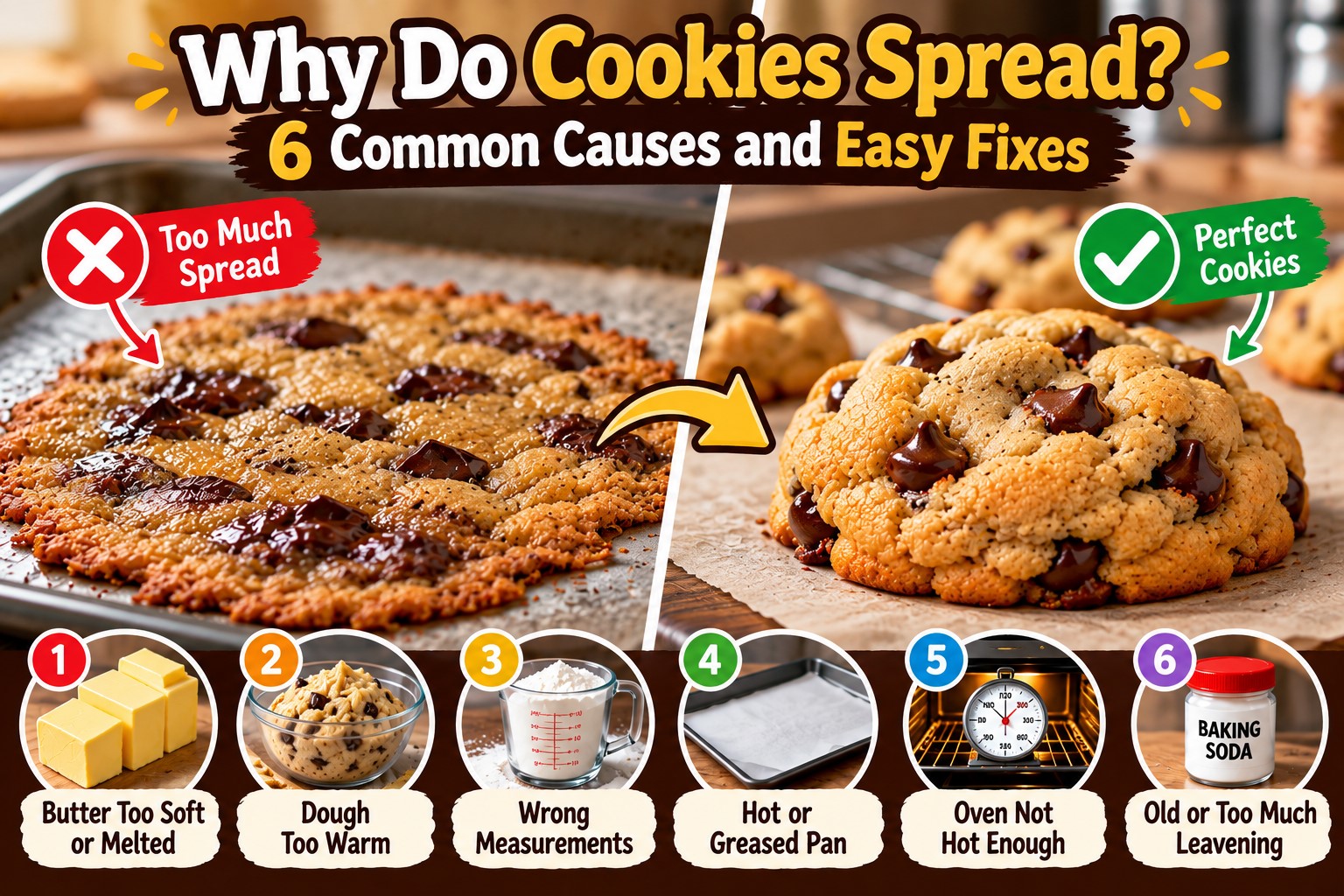 Chart of common causes of cookies spreading too much, showing a flat cookie and a thick cookie