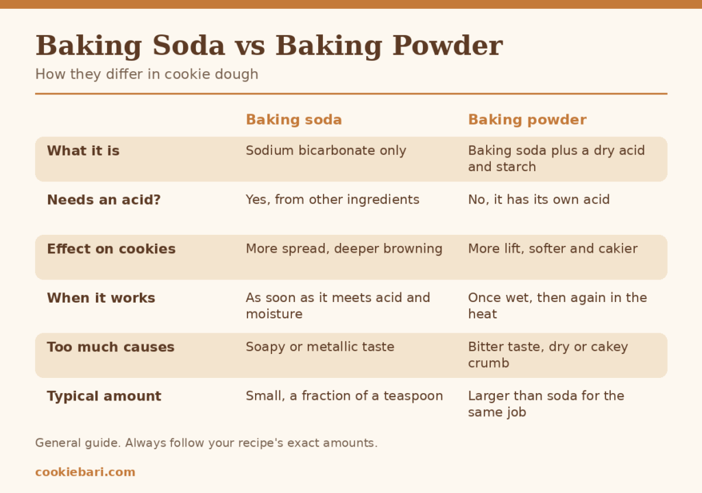 Chart comparing baking soda and baking powder: what each is, how it works, and its effect on cookies