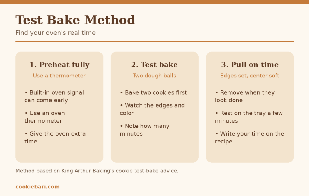 Three-step test bake method for cookies: preheat fully, test bake two dough balls, pull when the edges are set