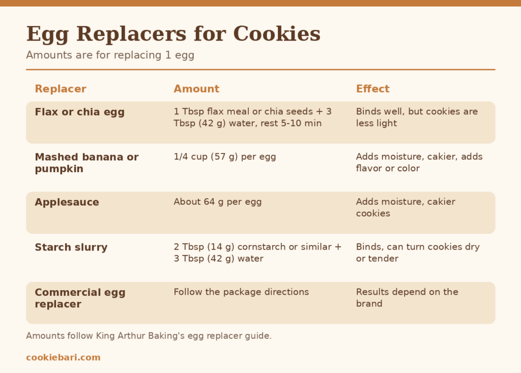 Chart of egg replacers for cookies with amounts per egg and the effect of each: flax, banana, applesauce, starch slurry and commercial replacer