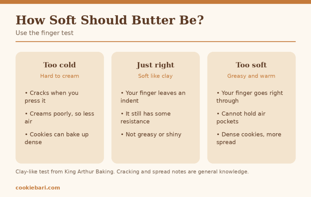 Chart showing butter that is too cold, just right and too soft, with the finger test for each