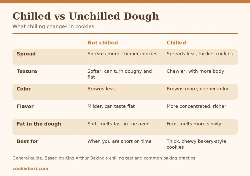 Chart comparing chilled and unchilled cookie dough: spread, texture, color, flavor and fat