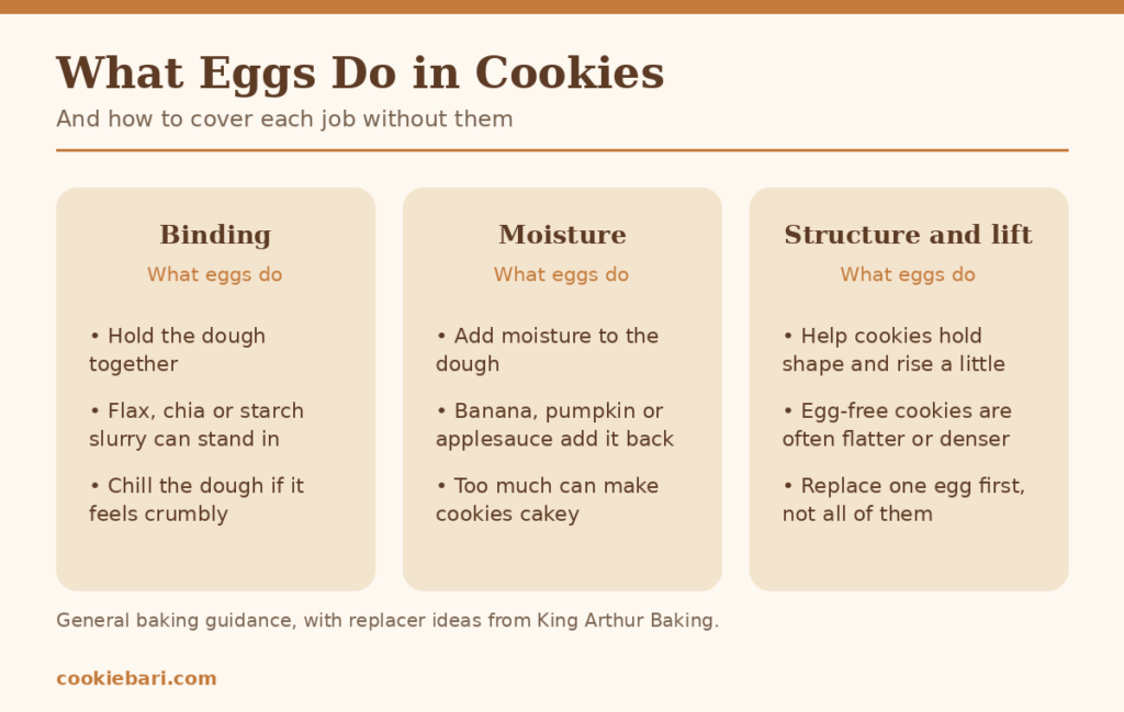 Chart showing what eggs do in cookies: binding, moisture, and structure, and how to cover each job without eggs