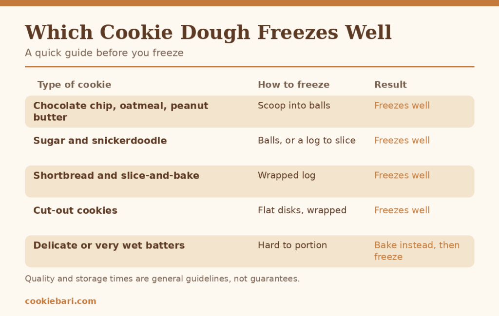 Chart showing which types of cookie dough freeze well and how to freeze each one