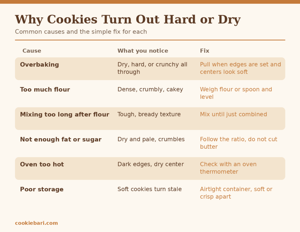 Chart of common reasons cookies turn out hard or dry, what you notice, and the fix for each