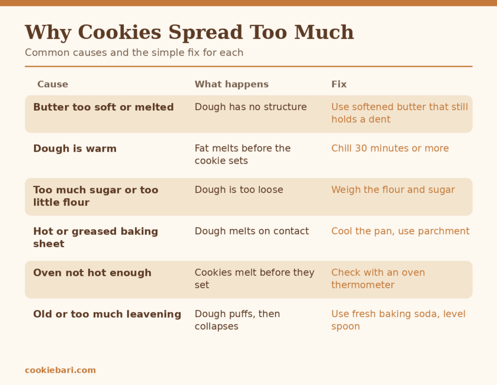 Chart of common reasons cookies spread too much, what happens in the dough, and the fix for each